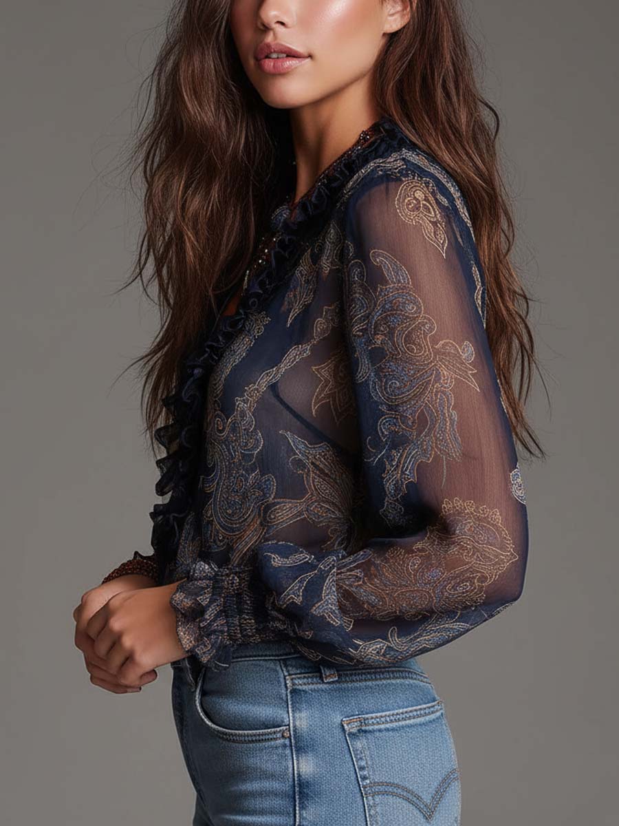 Elise | Blusa de Gasa con Cremallera, Volantes y Estampado Paisley Baroque Azul Marino
