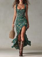 Maya™ | Vestido maxi boho retro con mangas fluidas y abertura lateral para Mujer