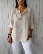 ARAI - Top de algodón y lino con cuello en V y botones