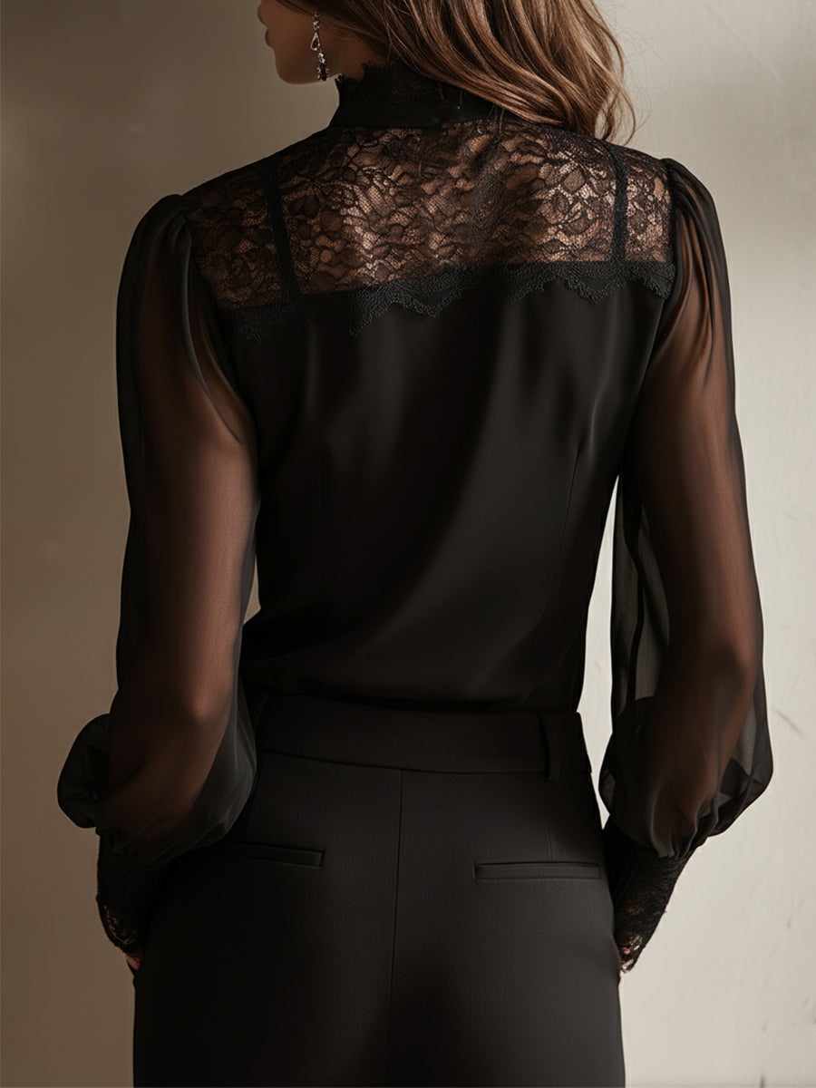 Blusa Retro Elegante de Chiffon con Cuello Alto, Encaje y Lazo