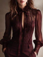 Blusa Retro Elegante de Chiffon con Cuello Alto, Encaje y Lazo