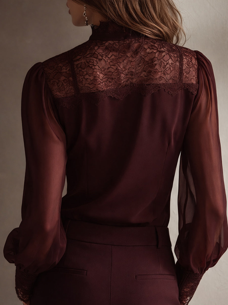 Blusa Retro Elegante de Chiffon con Cuello Alto, Encaje y Lazo