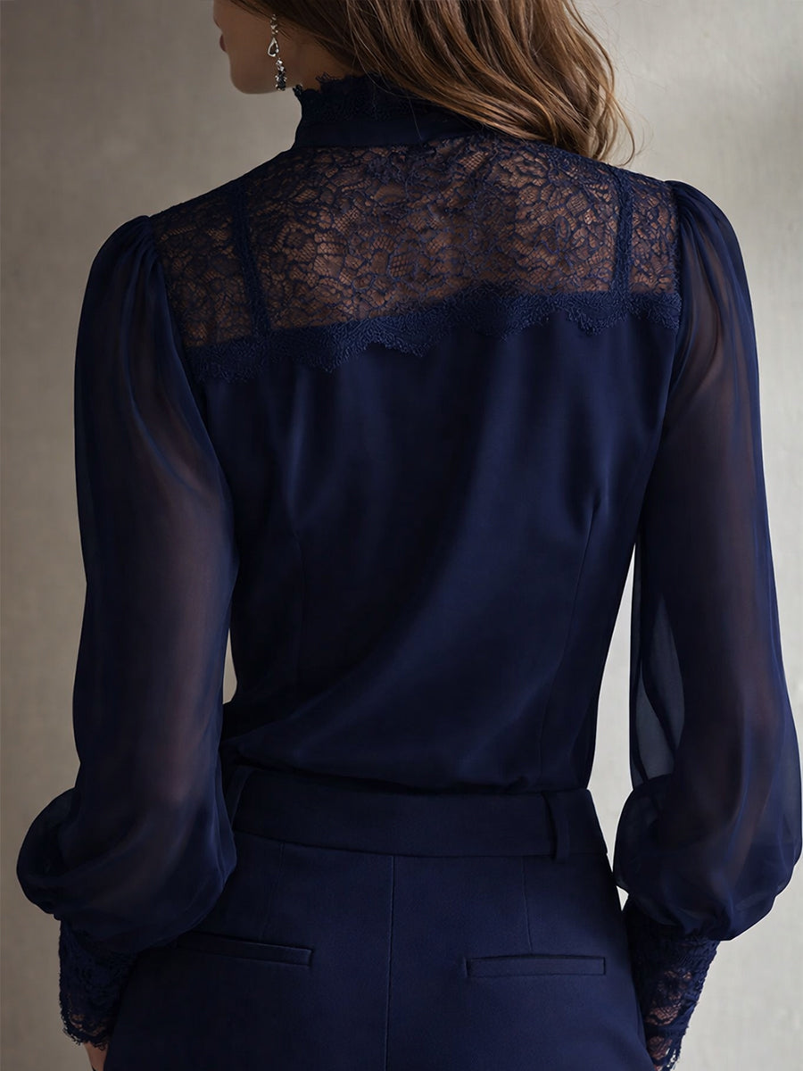Blusa Retro Elegante de Chiffon con Cuello Alto, Encaje y Lazo