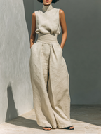 Aida - Conjunto de Blusa Sin Mangas y Pantalones de Pierna Ancha en Algodón y Lino Minimalista para Mujer