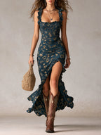 Maya™ | Vestido maxi boho retro con mangas fluidas y abertura lateral para Mujer