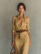 Camilla - Vestido Maxi de Mujer con Solapa, Manga Larga y Cinturón, Abotonado al Frente