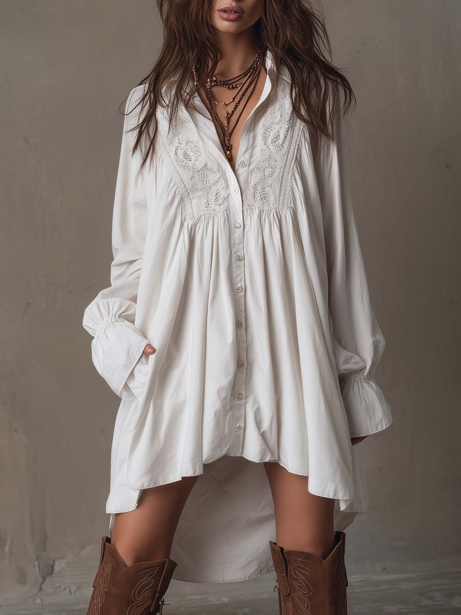 Vestido Mini de Encaje Retro con Dobladillo Irregular y Mangas Largas