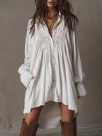 Vestido Mini de Encaje Retro con Dobladillo Irregular y Mangas Largas