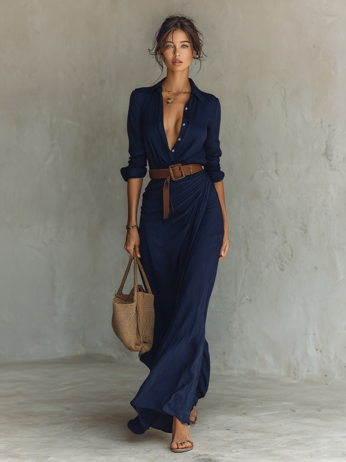 Camilla - Vestido Maxi de Mujer con Solapa, Manga Larga y Cinturón, Abotonado al Frente