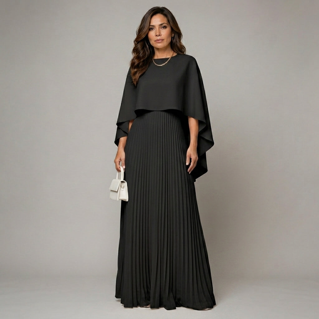 Ava™ | Vestido Maxi Plisado con Capa