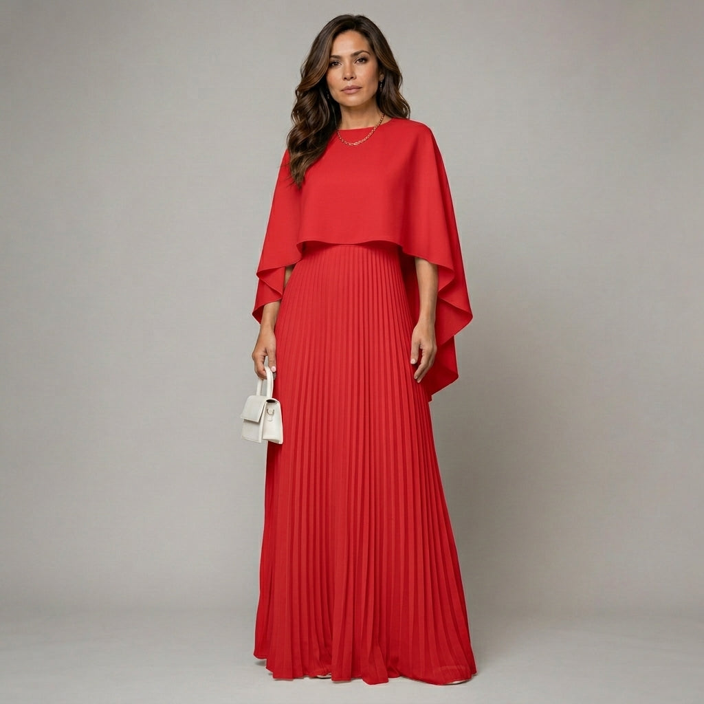 Ava™ | Vestido Maxi Plisado con Capa
