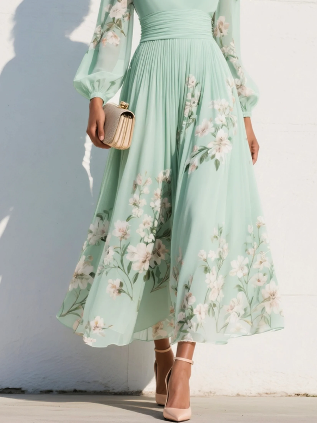 Vestido Midi Floral Plisado, Gasa Verde Claro Cuello V