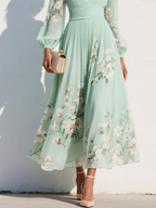 Vestido Midi Floral Plisado, Gasa Verde Claro Cuello V