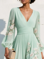 Vestido Midi Floral Plisado, Gasa Verde Claro Cuello V
