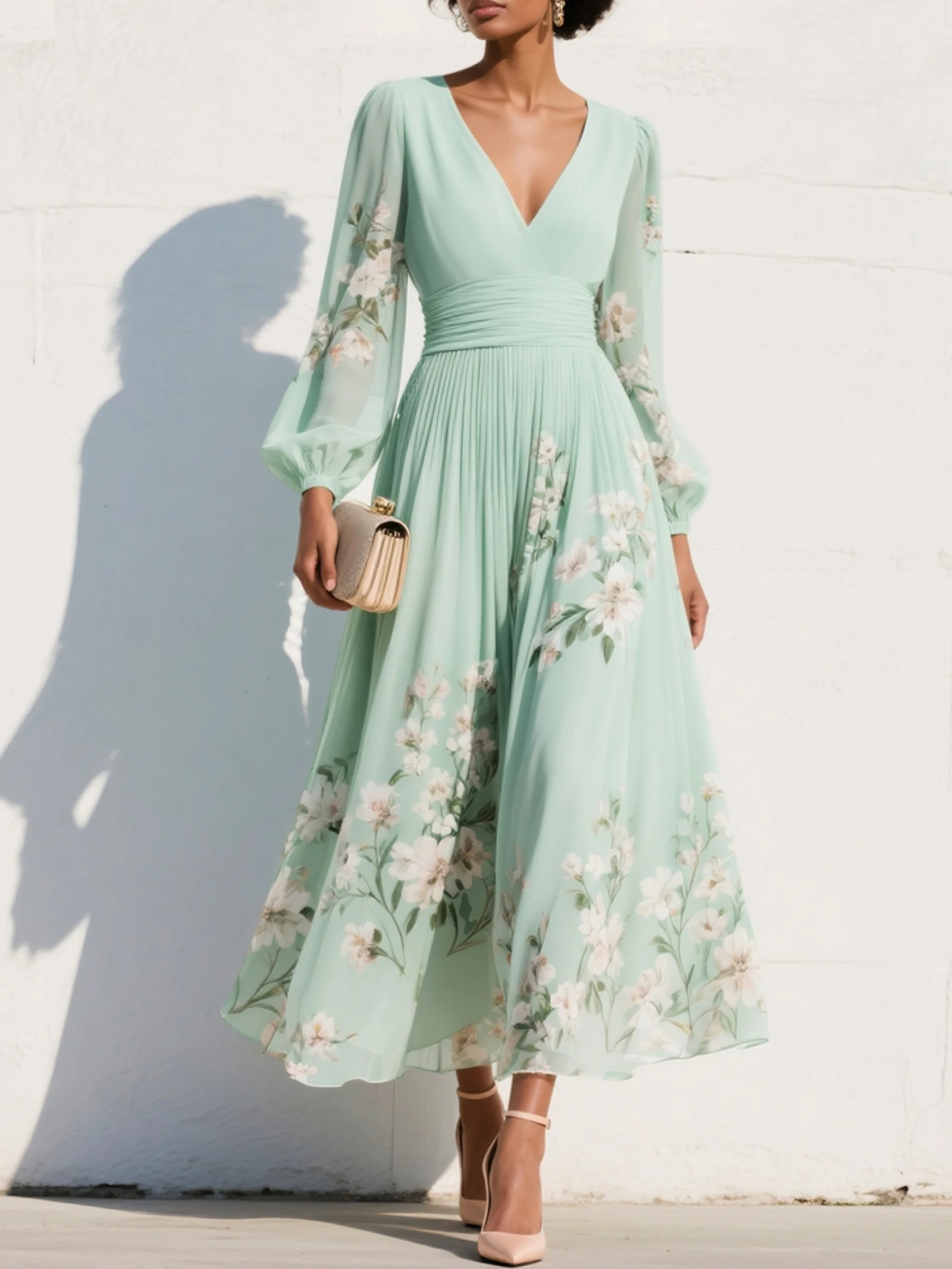 Vestido Midi Floral Plisado, Gasa Verde Claro Cuello V