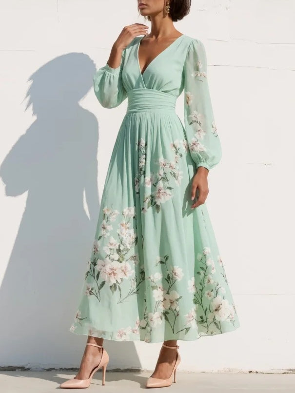 Vestido Midi Floral Plisado, Gasa Verde Claro Cuello V