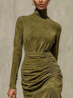 Oliva - Vestido de Mujer Verde  Sofisticación Texturizada con Silueta Cruzada Impecable