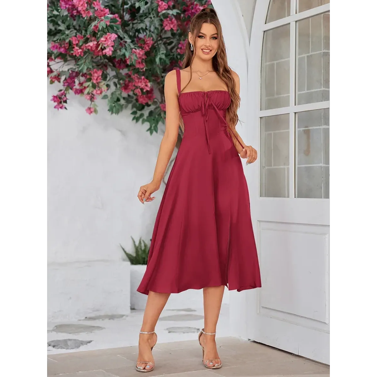 Vestido Midi Tipo Bandage con Escote de Corazón y Busto Acolchado