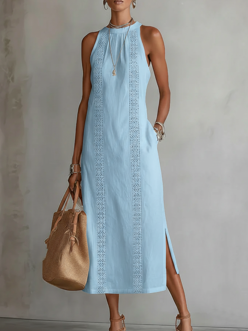 Jimena | Vestido midi de lino con cuello mao para Mujer