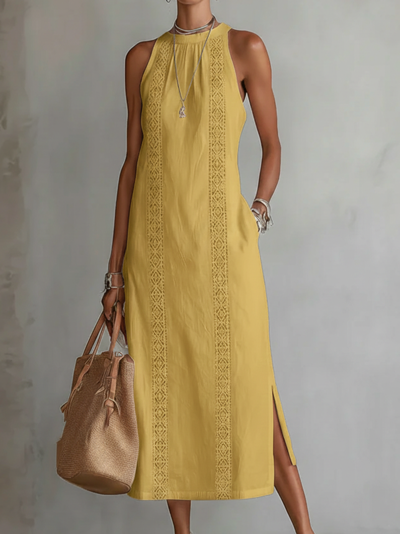 Jimena | Vestido midi de lino con cuello mao para Mujer