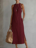 Jimena | Vestido midi de lino con cuello mao para Mujer