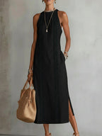 Jimena | Vestido midi de lino con cuello mao para Mujer